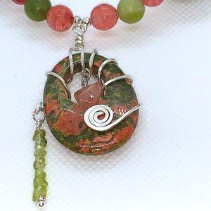 Handcrafted 925 Wire Wrapped  Unakite & Necklace &  2 pr. Earrings